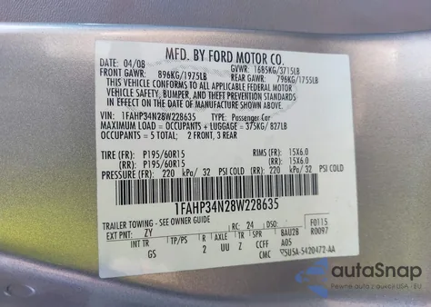 2008 Ford Focus S из США, поврежденный, VIN 1FAHP34N28W228635